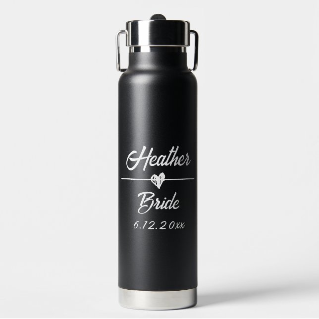 Cute Personalized Bride Black and White Water Bottle (Front)
