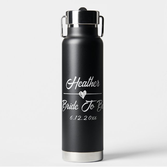 Cute Personalized Bride to be Black and White Water Bottle (Front)