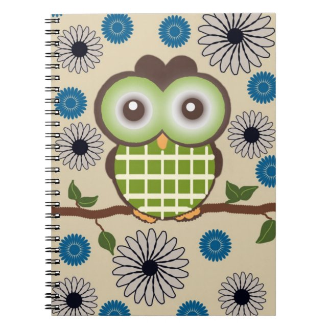 Cute Personalized Brown and Green Owl Notebook (Front)