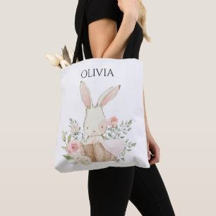 Cute Personalized Bunny Rabbit in Basket  Tote Bag
