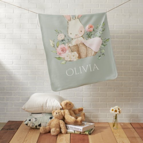 Cute Personalized Bunny Rabbit Sage Green Baby Blanket
