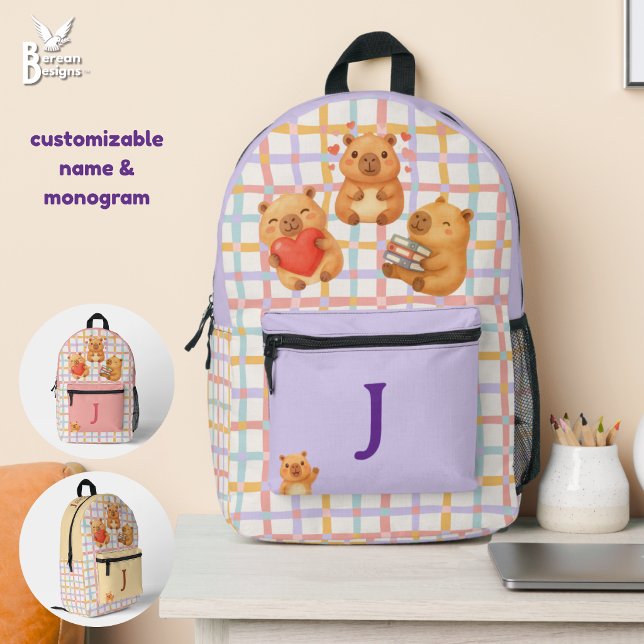Cute Personalized Capybara Printed Backpack (Cute capybara backpack in LILAC featuring trio of capybaras and customizable name and monogram)