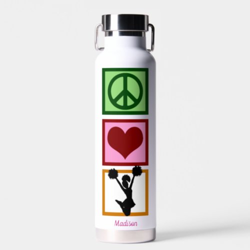 Cute Personalized Cheerleader Peace Love Cheer Water Bottle