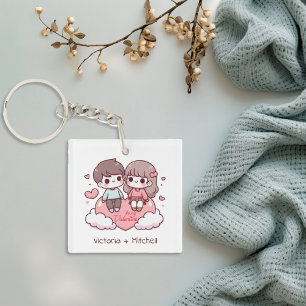 Cute Personalized Chibi-Style Be Mine Couple  Keychain
