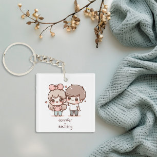 Cute Personalized Chibi-Style Flirting Couple Keychain