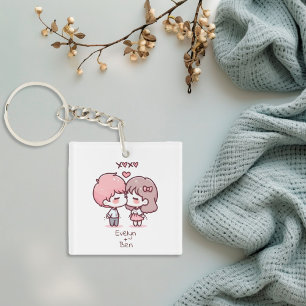 Cute Personalized Chibi-Style Kissing Couple Keychain