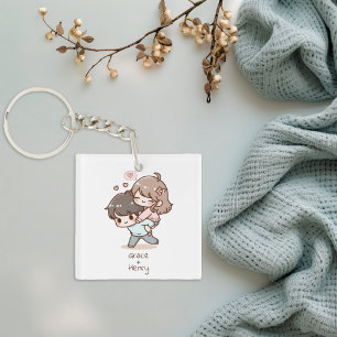 Cute Personalized Chibi-Style Playful Couple Keychain