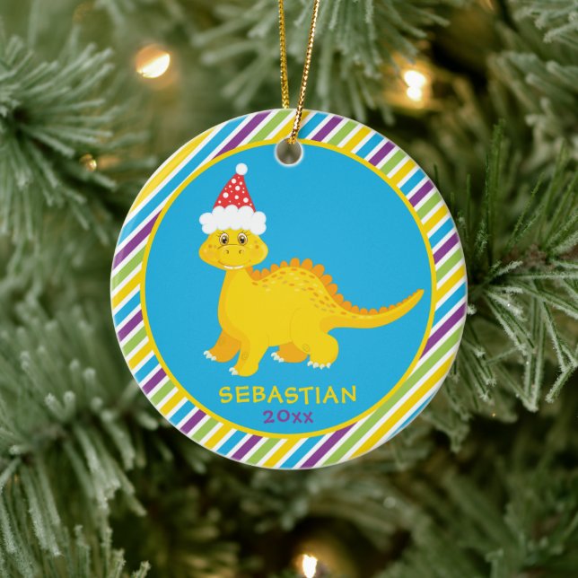 Cute Personalized Christmas Dinosaur Striped Ceramic Ornament (Tree)