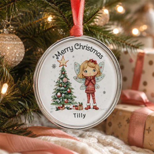 Cute Personalized Christmas Fairy and Tree  Metal Ornament