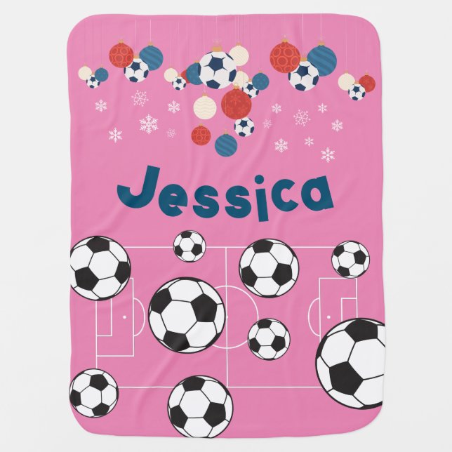 Cute Personalized Christmas Football Soccer Ball Baby Blanket (Front)