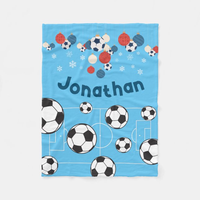 Cute Personalized Christmas Football Soccer Ball Fleece Blanket (Front)