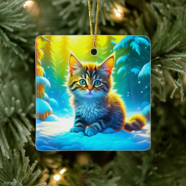 Cute Personalized Christmas Kitten  Ceramic Ornament (Tree)