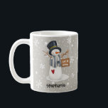 Cute Personalized Christmas Snowman Let It Snow Coffee Mug<br><div class="desc">This cute holiday mug features snowman holding sign saying "Let it Snow" and personalized with your name on a gray snow background. Perfect for this Christmas season.</div>