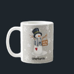 Cute Personalized Christmas Snowman Let It Snow Coffee Mug<br><div class="desc">This cute holiday mug features snowman holding sign saying "Let it Snow" and personalized with your name on a gray snow background. Perfect for this Christmas season.</div>