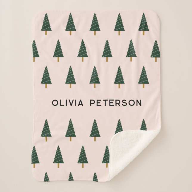 Cute Personalized Christmas Tree Pattern Pink Sherpa Blanket (Front)