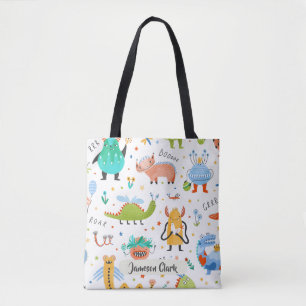 Cute Personalized Colorful Dinosaur Alien Kids Tote Bag