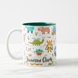 Cute Personalized Colorful Dinosaur Alien Kids Two-Tone Coffee Mug