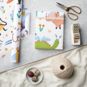 Cute Personalized Colorful Dinosaur Kids Birthday Wrapping Paper