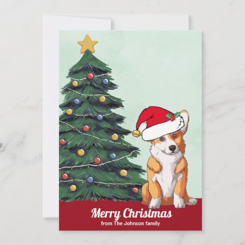 Cute Personalized Corgi Santa Hat Christmas Tree Holiday Card