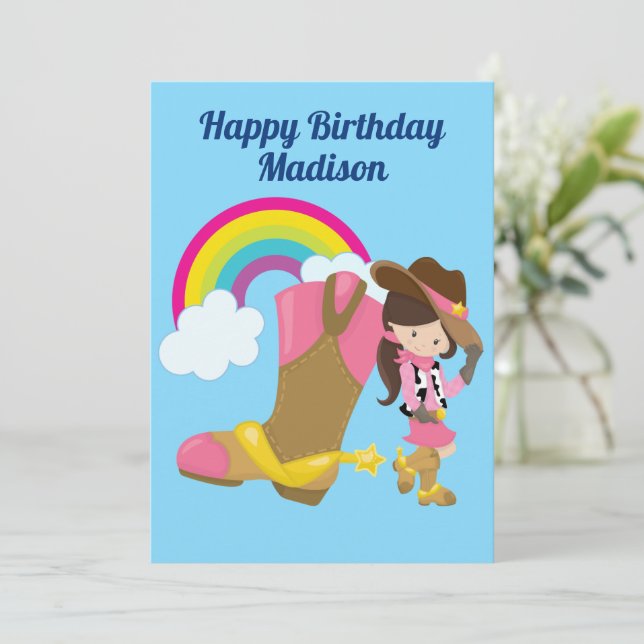 Cute Personalized Cowgirl Rainbow Happy Birthday Card (Standing Front)