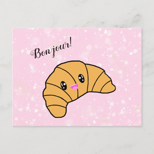 Cute Personalized Croissant Paris Bonjour Greeting Postcard (Front)
