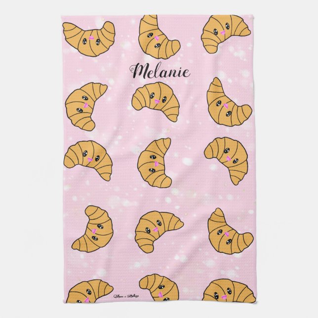 Cute Personalized Croissants Breakfast Bakery Food Kitchen Towel (Vertical)