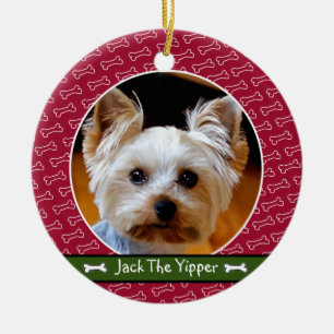 Cute Personalized Dog Bone Red Green Own Dog Photo Ceramic Ornament