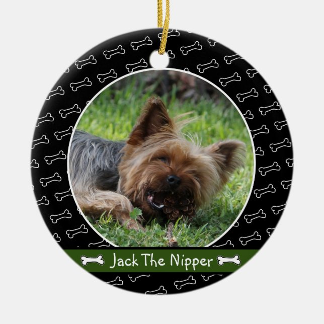 Cute Personalized Dog Bone Red Green Own Dog Photo Ceramic Ornament (Front)