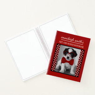 Cute Personalized Dog Glasses Black Red Polka Dots Notebook