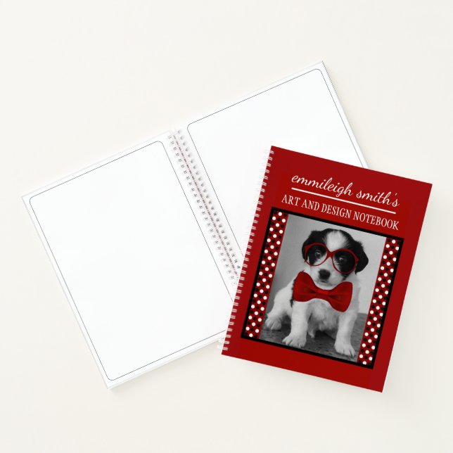 Cute Personalized Dog Glasses Black Red Polka Dots Notebook (Inside)