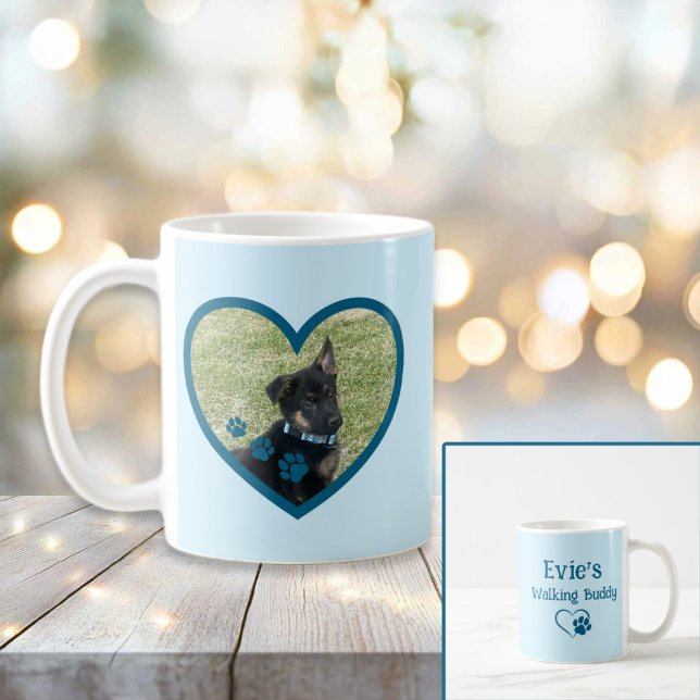 Cute Personalized Dog Walking Buddy Heart Photo Coffee Mug (Teal Personalized Dog Walking Buddy Heart Photo Mug
)