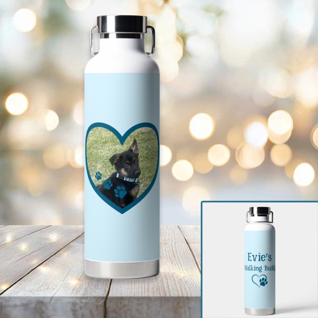 Cute Personalized Dog Walking Buddy Heart Photo Water Bottle (Cute Personalized Dog Walking Buddy Heart Photo Water Bottle)