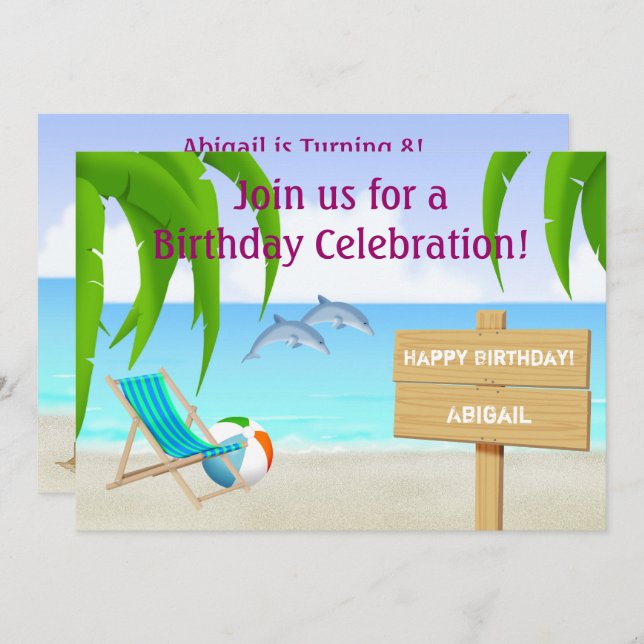 Cute Personalized Dolphins Beach Birthday Party Invitation (Front/Back)