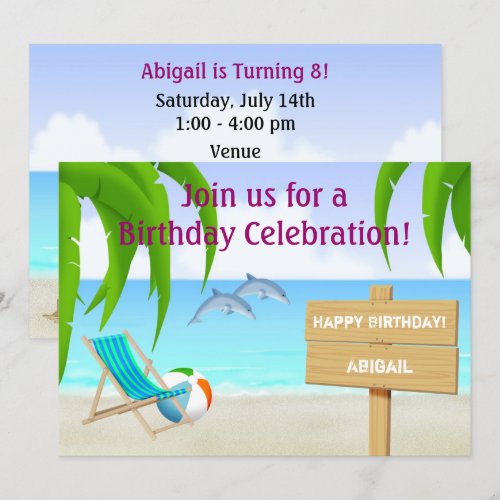 Beach and Dolphins Birthday Invitation for Girls