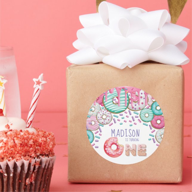 Cute Personalized Donut Sprinkles First Birthday Classic Round Sticker (Party)