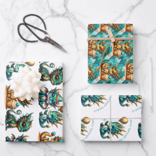 Cute Personalized Dragon Themed Birthday Wrapping Paper Sheets