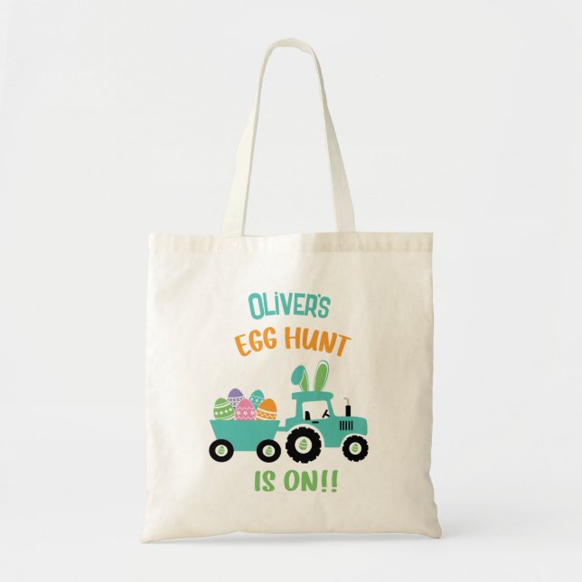 Cute Personalized Easter Egg Hunt Tractor Bunny Tote Bag (Front)