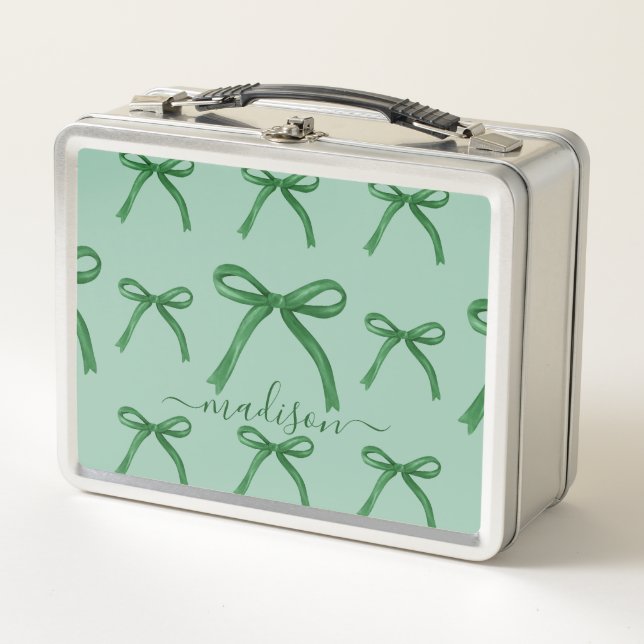 Cute personalized elegant green bow pattern  metal lunch box (Front)
