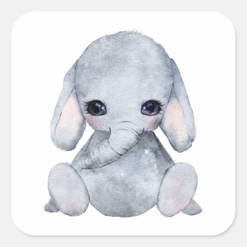 Cute Personalized Elephant Name Watercolor Square Sticker