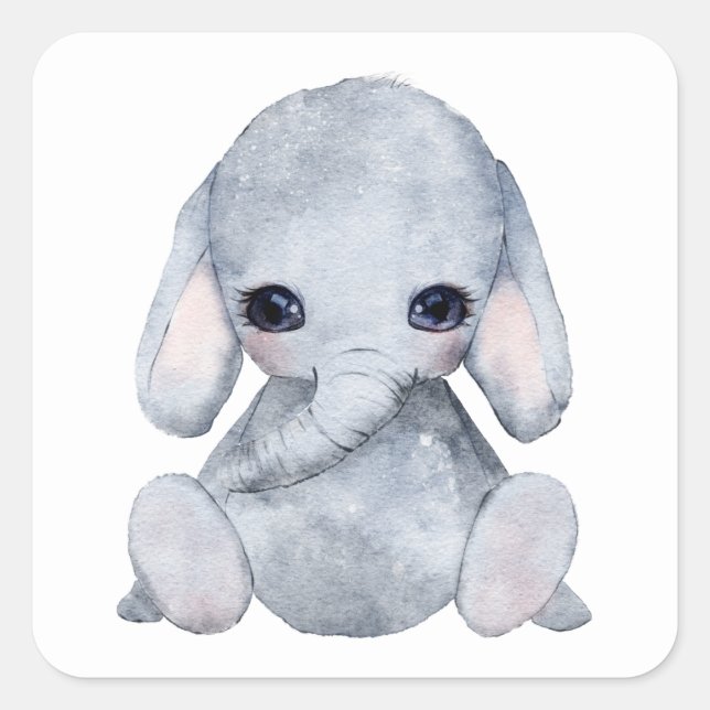 Cute Personalized Elephant Name Watercolor Square Sticker (Front)