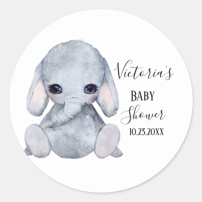 Cute Personalized Elephant Watercolor Baby Shower Classic Round Sticker (Front)