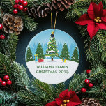 Cute Personalized Family Christmas Tree Ceramic Ornament<br><div class="desc">This beautiful personalized Christmas ornament features pretty green fir trees capped with snow on a lovely winter landscape and blue sky. Customize with your family last name or holiday party and year. Cute custom keepsake for your grandparents or grandchildren.</div>