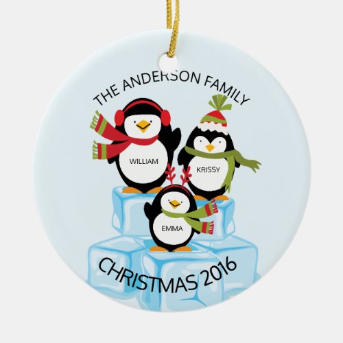 Cute Personalized Family Of 3 Penguins Christmas Ceramic Ornament