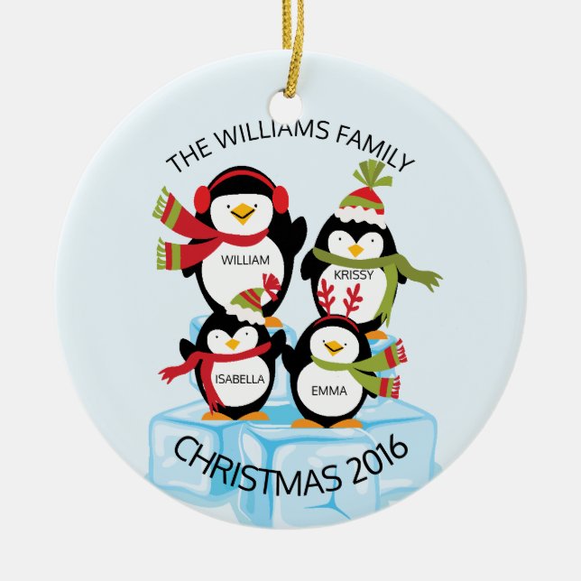 CUTE Personalized Family Of 4 Penguins Christmas Ceramic Ornament (Front)
