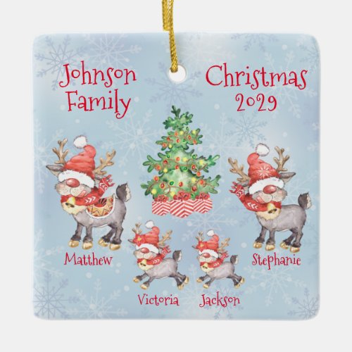 Cute Personalized Family of 4 Reindeer Ceramic Ornament