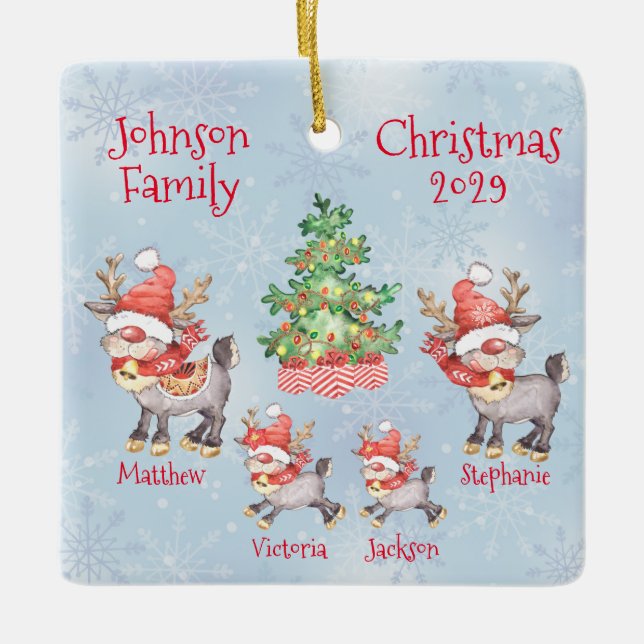 Cute Personalized Family of 4 Reindeer Ceramic Ornament (Front)