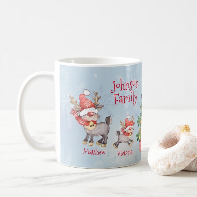 Cute Personalized Family of 4 Reindeer Christmas Coffee Mug (With Donut)