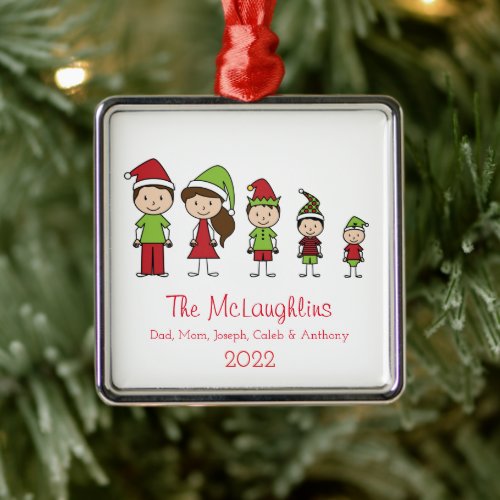 Cute Personalized Family of 5 Christmas Metal Ornament
