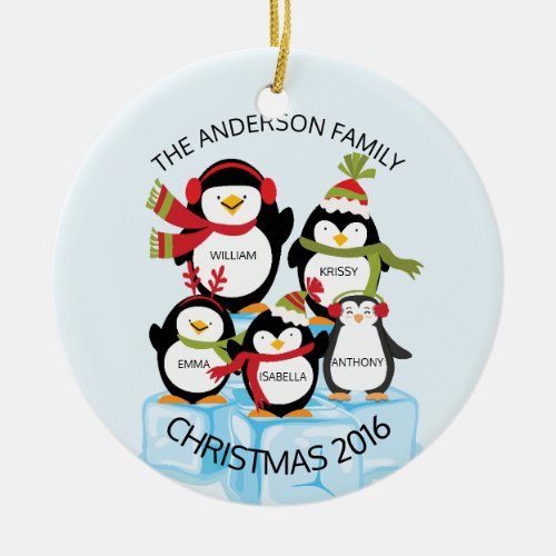 CUTE Personalized Family Of 5 Penguins Christmas Ceramic Ornament