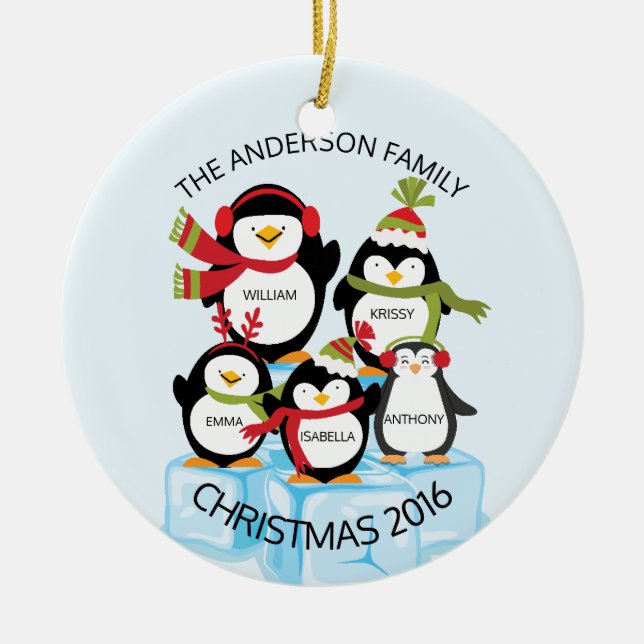 CUTE Personalized Family Of 5 Penguins Christmas Ceramic Ornament (Front)